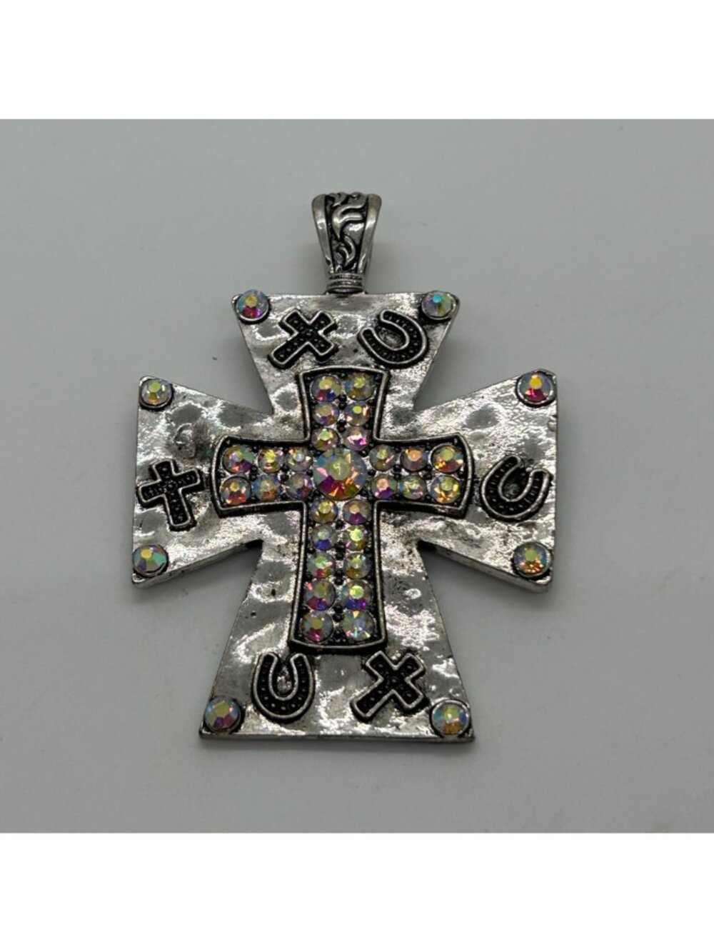 Silvertone Cross Pendant Pearl Enhancer Arurora Borealis Horseshoe Southwestern - Picture 2 of 14
